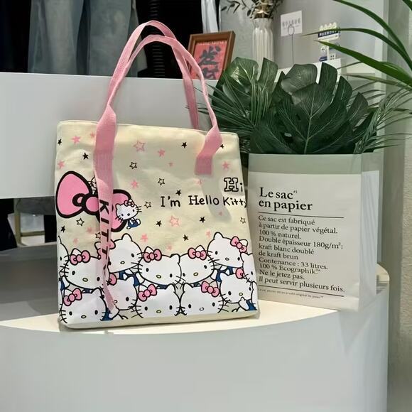 Sanrio Hello Kitty Canvas Reusable Zipper Canvas Tote Bag - Pink - Picture 1 of 3